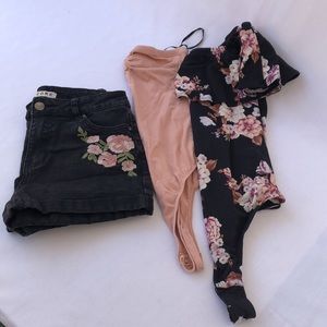 Bundle of one black jean short and two body suits